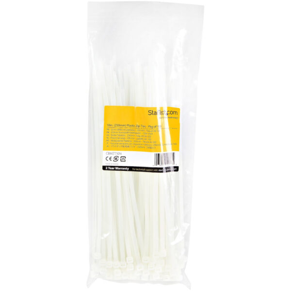StarTech.com 25 cm Witte Kabelbinders 4 mm Breed, 68 mm Bundeldiameter, 22 kg Treksterkte Zelfsluitende Snelbinders uit Nylon m - Afbeelding 2