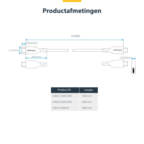 StarTech.com 3m USB-C Laadkabel, Charge & Sync, 60W (3A) PD, USB 2.0, Laptop Type C Laadkabel, TPE Mantel - Witte USB-C Oplaadka - Afbeelding 8