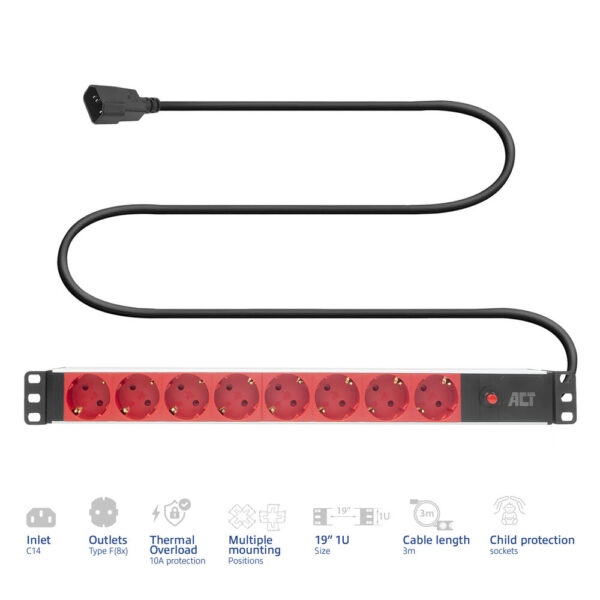 ACT Stekkerdoos PDU 19" C14 IEC60320 8-voudig type F, 3m H05VV-F 3G1.0 - Afbeelding 2