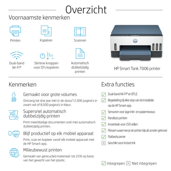 HP Smart Tank 7006 Draadloos All-in-One Kleur Printer, Dubbelzijdig printen; Kopieerapparaat, Scanner - Afbeelding 8