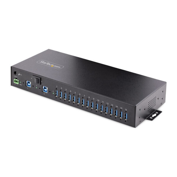 StarTech.com 16-Port Industrial USB 3.0 Hub, 5Gbps, Staal, DIN/Wand/Rack Monteerbaar, ESD Beveiliging, Terminal Block Voeding,