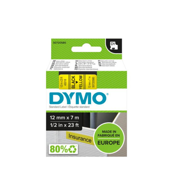 DYMO D1 -Standard Labels - Black on Yellow - 12mm x 7m - Afbeelding 2