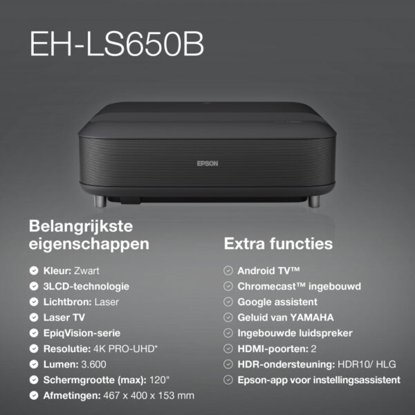 Epson EH-LS650B 4K PRO-UHD smart laserprojector, 3600 lumen, scherm van maximaal 120 inch - Afbeelding 22