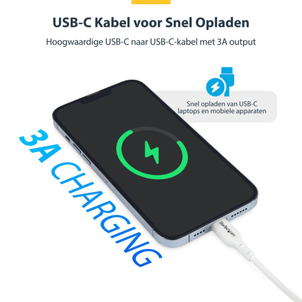 StarTech.com 1m USB-C Laadkabel, Charge & Sync, 60W (3A) PD, USB 2.0, Laptop Type C Laadkabel - Witte USB-C Oplaadkabel - Afbeelding 7
