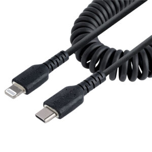 StarTech.com 1m USB-C naar Lightning Kabel, Zwart, MFi Gecertificeerd, iPhone Lader Spiraalkabel, Duurzame Aramidevezels, Robuus
