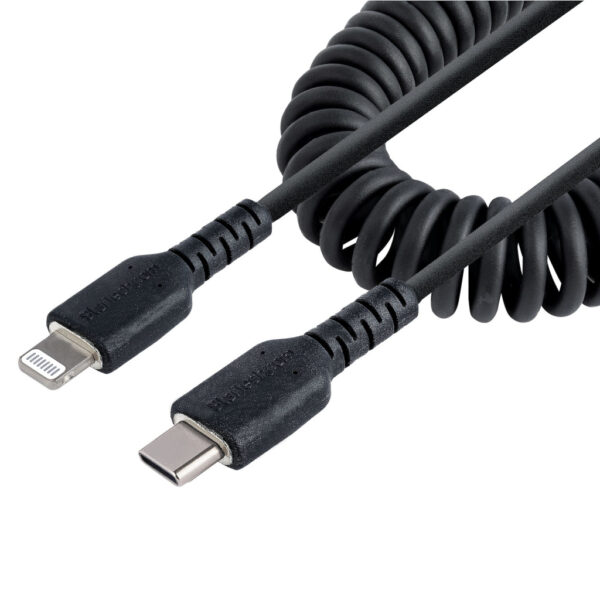 StarTech.com 1m USB-C naar Lightning Kabel, Zwart, MFi Gecertificeerd, iPhone Lader Spiraalkabel, Duurzame Aramidevezels, Robuus