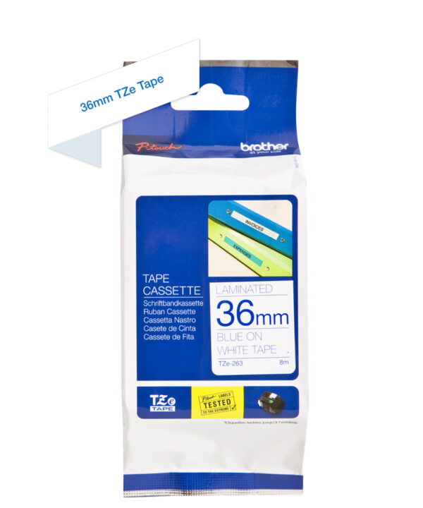 Brother TZE-263 labelprinter-tape Blauw op wit - Afbeelding 3
