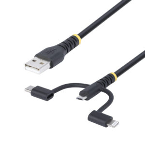 StarTech.com 1m Robuuste USB Multi Oplaadkabel, USB naar Lightning/Micro-USB/Type-C, Apple MFi Gecertificeerd, Aramide Mantel, U