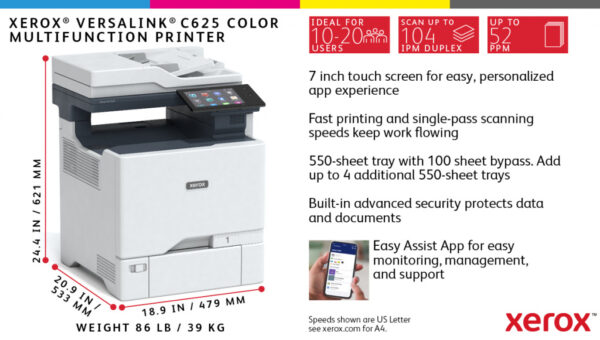 Xerox VersaLink C625 A4 50 ppm dubbelzijdig kopiëren en printen, scannen en faxen, geschikt voor PS3 PCL5e/6 2 laden voor max. 6 - Afbeelding 34