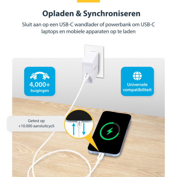 StarTech.com 3m USB-C Laadkabel, Charge & Sync, 60W (3A) PD, USB 2.0, Laptop Type C Laadkabel, TPE Mantel - Witte USB-C Oplaadka - Afbeelding 5