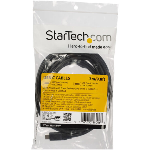 StarTech.com 3m USB-C Laadkabel, Fast Charge & Sync Type C Kabel, 100W (5A) PD, USB 2.0, USB-IF Gecertificeerd - Zwarte USB Opla - Afbeelding 4