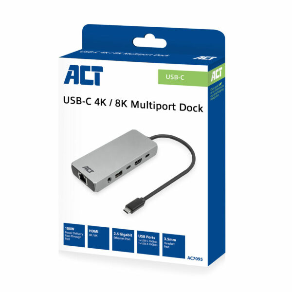 ACT USB-C 4K / 8K 30Hz dockingstation voor 1 HDMI monitor, 2,5 Gigabit ethernet, USB-C 10Gbps, USB-A 10Gbps, 3,5mm audio, PD pas - Afbeelding 2