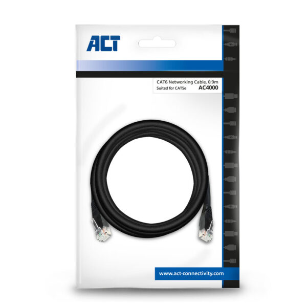 ACT Zwart 0,9 meter U/UTP CAT6 patchkabel met RJ45 connectoren - Afbeelding 2