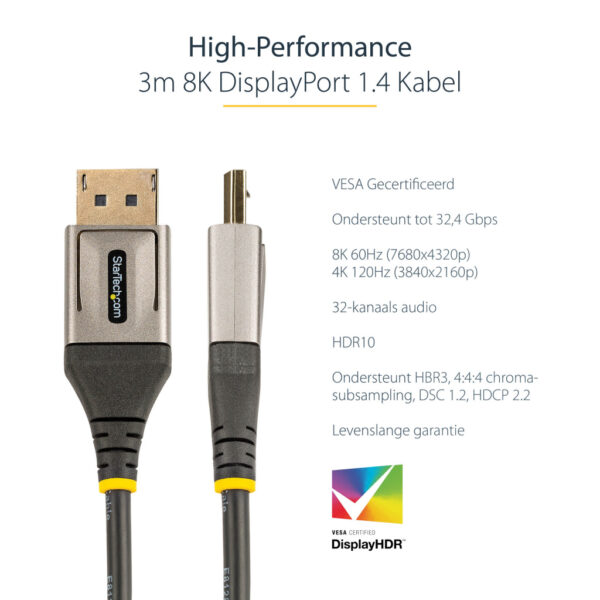 StarTech.com 3m VESA Gecertificeerde DisplayPort 1.4 Kabel - 8K 60Hz HDR10 - Ultra HD 4K 120Hz Video - DP 1.4 Kabel - Voor Scher - Afbeelding 7