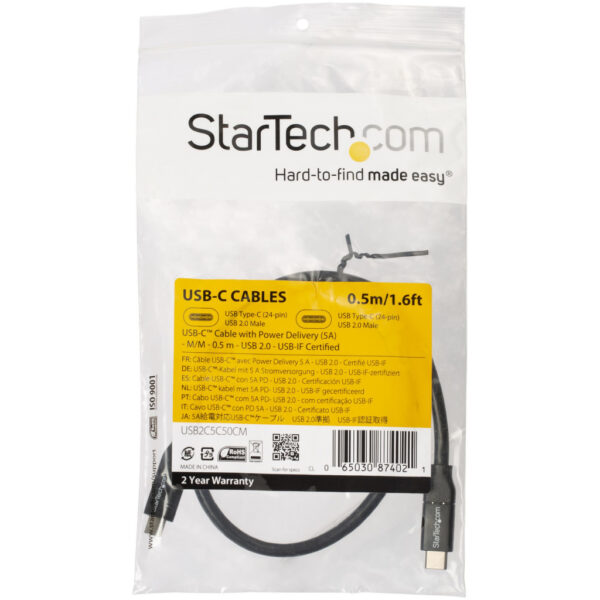 StarTech.com 50cm USB-C Laadkabel, Fast Charge & Sync Type C Kabel, 100W (5A) PD, USB 2.0, USB-IF Gecertificeerd - Zwarte USB Op - Afbeelding 4