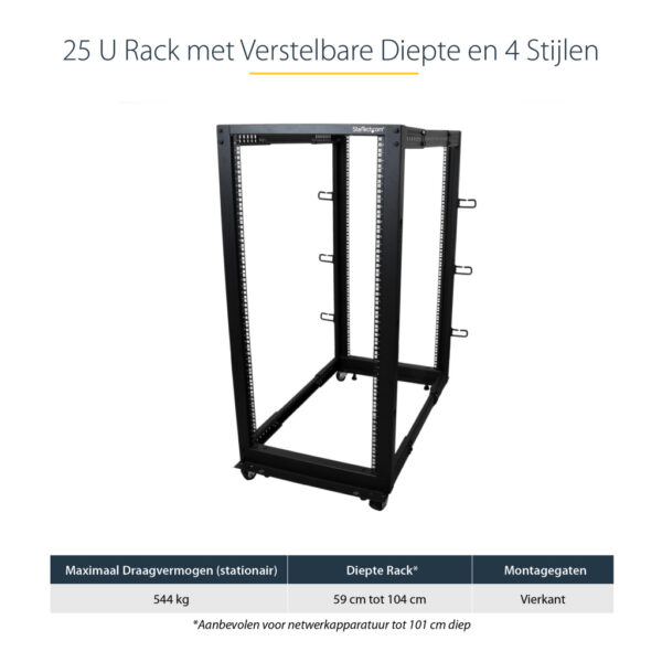 StarTech.com 4-Post 25U Mobiel Open Frame Server Rack, 19" Patchkast met Wielen en 4 Stijlen, Open Serverkast met Verstelbare Di - Afbeelding 5
