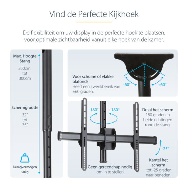 StarTech.com TV Plafondbeugel, Full-Motion Universele Ophangbeugel, VESA Beugel voor Single 32”-75" TVs / Displays, Kantelen/ - Afbeelding 11