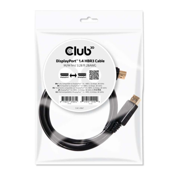 CLUB3D DisplayPort 1.4 HBR3 Cable 1meter Male/Male 8K60Hz - Afbeelding 2