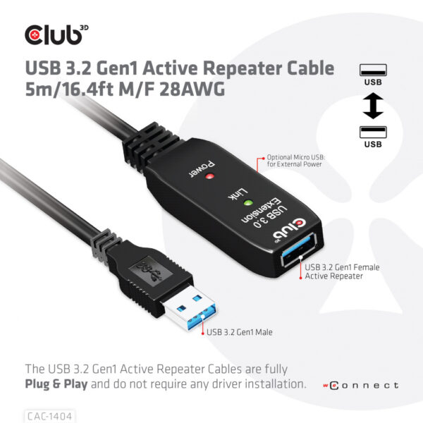 CLUB3D USB 3.2 Gen1 Active Repeater Cable 5m/ 16.4 ft M/F 28AWG - Afbeelding 3