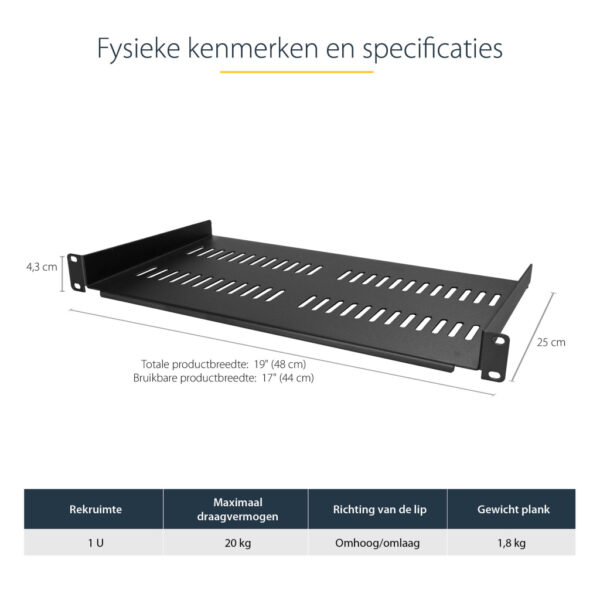 StarTech.com 1U Server Rack Schap - Universele Geventileerde Rack Mount Cantilever Shelf voor 19" Netwerk Kast & Apparatuur - H - Afbeelding 5