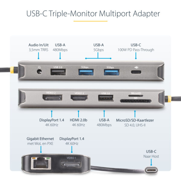 StarTech.com USB-C Triple Monitor Multiport Adapter, 5Gbps, Dual 4K 60Hz + 4K 30Hz HDMI & DisplayPort, 4-Port USB Hub, 100W PD P - Afbeelding 7