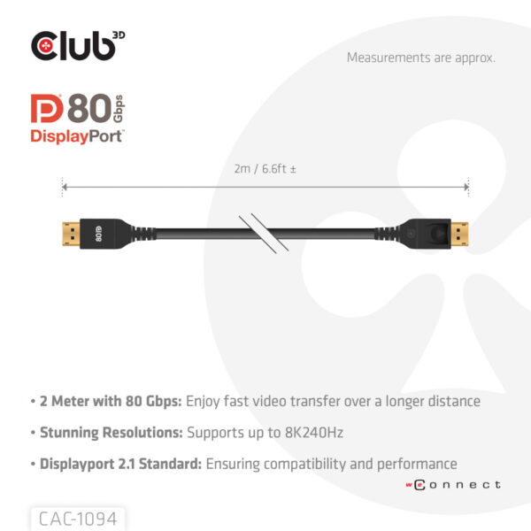 CLUB3D DisplayPort™ 2.1 VESA DP80 Gecertificeerd Kabel 8K240Hz 2m/6.56ft - Afbeelding 7