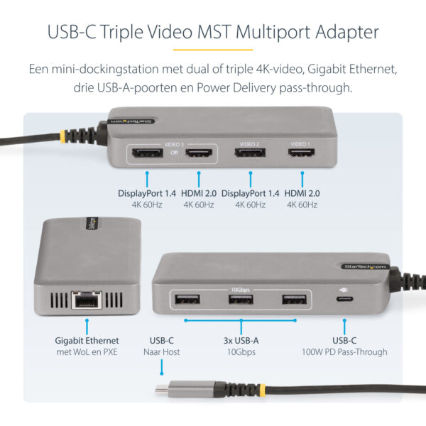 StarTech.com USB-C Triple Monitor Multiport Adapter, Dual 4K 60Hz + 4K 30Hz HDMI & DisplayPort, 3-Port USB Hub, 10Gbps, 100W PD - Afbeelding 11