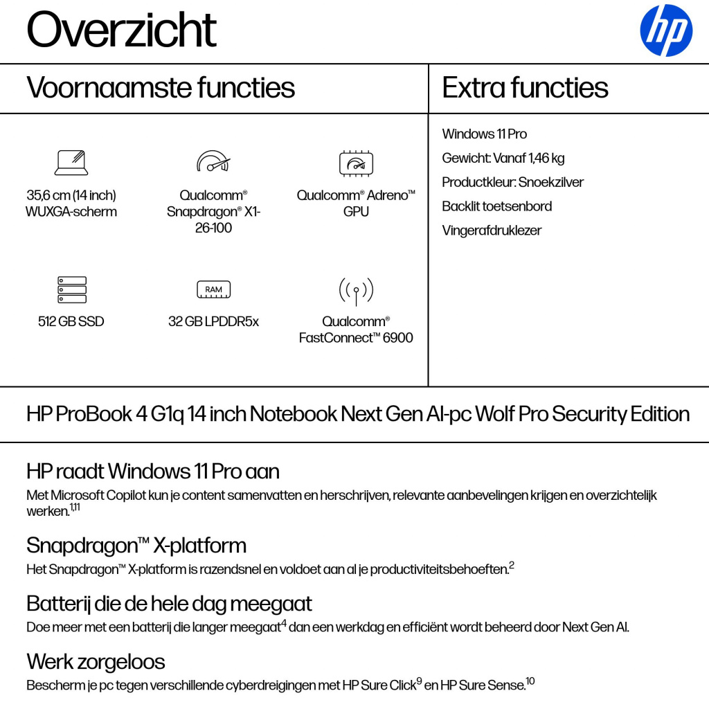 HP ProBook 4 PB4G1q14 X126100 14 32GB/512 PC NL Copilot+ PC Qualcomm Snapdragon X1-26-100 Laptop 35,6 cm (14") WUXGA LPDDR5x-SDR - Afbeelding 4