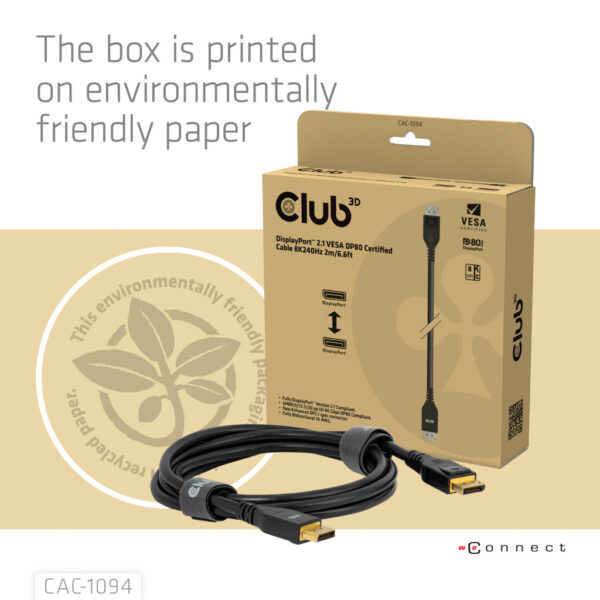 CLUB3D DisplayPort™ 2.1 VESA DP80 Gecertificeerd Kabel 8K240Hz 2m/6.56ft - Afbeelding 4