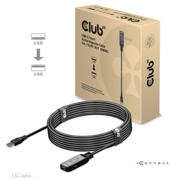 CLUB3D USB 3.2 Gen1 Active Repeater Cable 5m/ 16.4 ft M/F 28AWG - Afbeelding 2