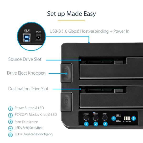 StarTech.com USB 3.1 (10Gbps) Standalone Duplicator Dock voor 2.5" & 3.5" SATA SSD/HDD schijven met Fast-Speed Duplication tot 2 - Afbeelding 10