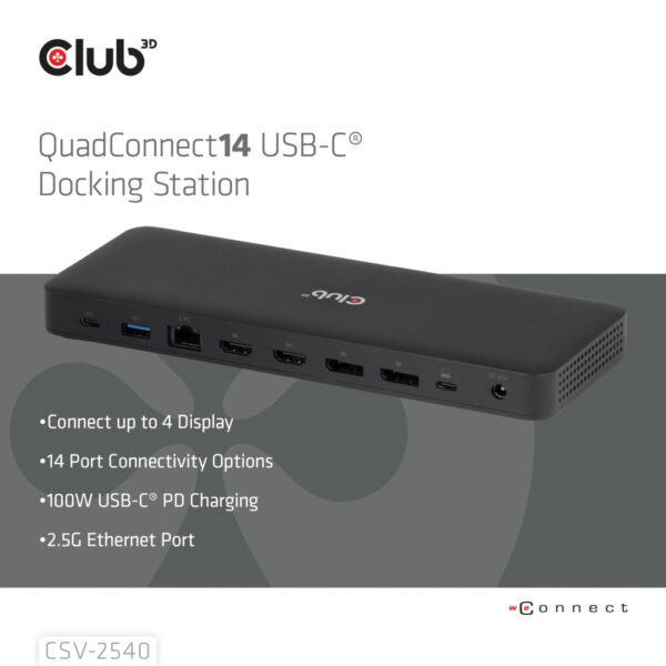 CLUB3D Club 3D 14-in-1 USB-C® Quad Display Dockingstation – 4 Schermen & 100W Snelladen - Afbeelding 4