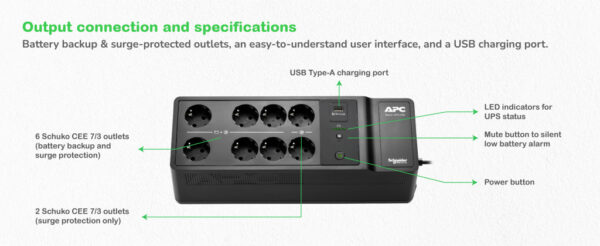 APC Back-UPS BE500G2-GR - Noodstroomvoeding 8x stopcontact, 500VA, 1 USB oplader, 1 USB datapoort - Afbeelding 5
