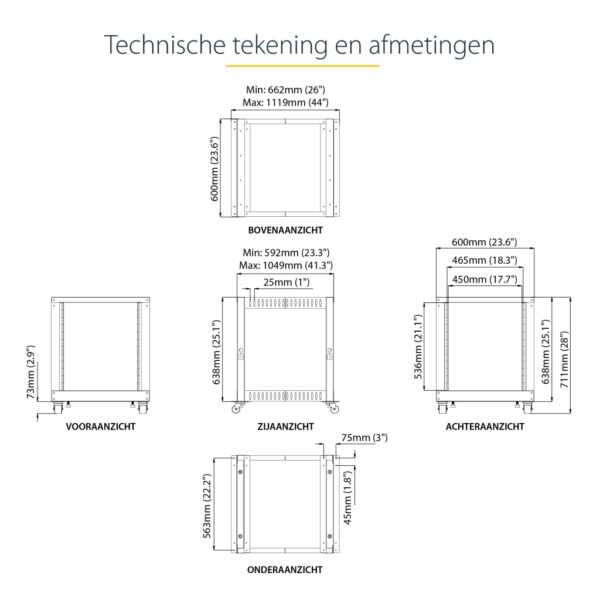 StarTech.com 4-Post 12U Mobiel Open Frame Server Rack, 19" Patchkast met Wielen en 4 Stijlen, Open Serverkast met Verstelbare Di - Afbeelding 13