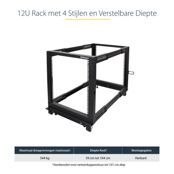 StarTech.com 4-Post 12U Mobiel Open Frame Server Rack, 19" Patchkast met Wielen en 4 Stijlen, Open Serverkast met Verstelbare Di - Afbeelding 8