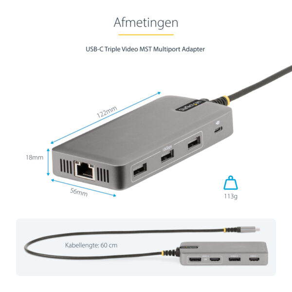 StarTech.com USB-C Triple Monitor Multiport Adapter, Dual 4K 60Hz + 4K 30Hz HDMI & DisplayPort, 3-Port USB Hub, 10Gbps, 100W PD - Afbeelding 15