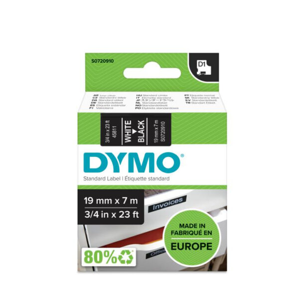 DYMO D1 -Standard Labels - White on Black - 19mm x 7m - Afbeelding 2
