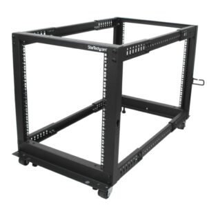 StarTech.com 4-Post 12U Mobiel Open Frame Server Rack, 19" Patchkast met Wielen en 4 Stijlen, Open Serverkast met Verstelbare Di