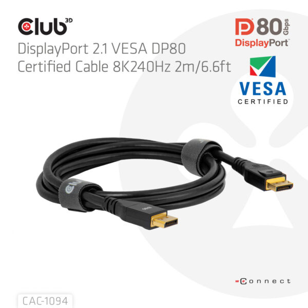 CLUB3D DisplayPort™ 2.1 VESA DP80 Gecertificeerd Kabel 8K240Hz 2m/6.56ft - Afbeelding 2