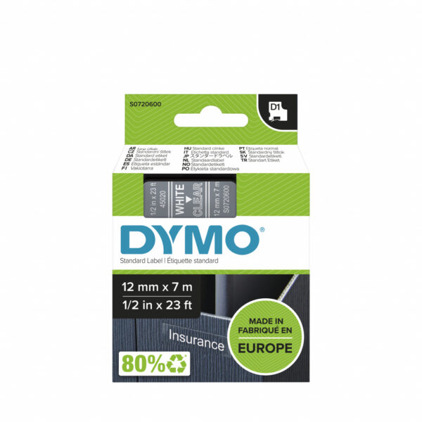DYMO D1 -Standard Labels - White on Transparent - 12mm x 7m - Afbeelding 2