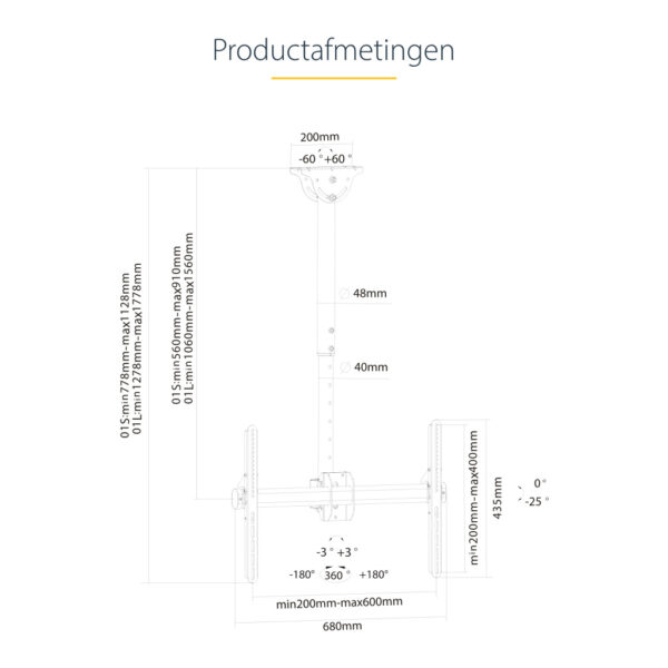 StarTech.com TV Plafondbeugel, Full-Motion Universele Ophangbeugel, Hangende VESA Beugel voor Single 32”-75" TVs / Displays, Kan - Afbeelding 15