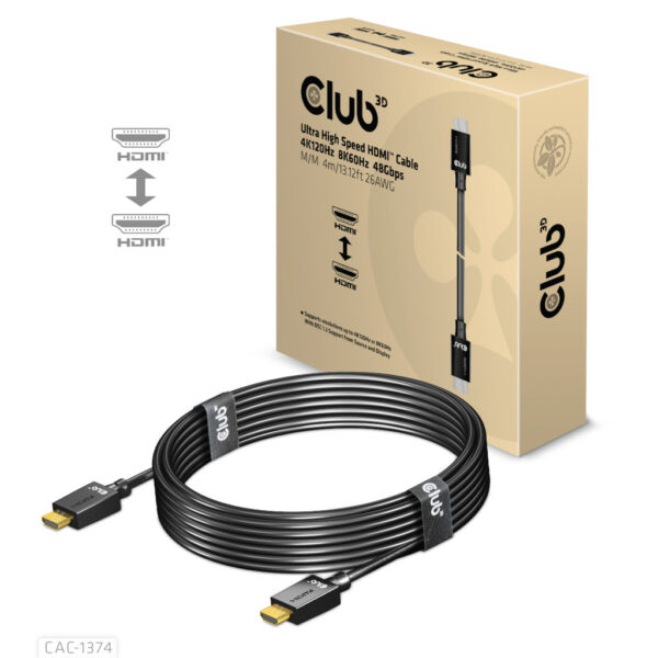 CLUB3D Ultra High Speed ​​HDMI™2.1 gecertificeerde kabel 4K120Hz, 144Hz 48Gbps M/V 4 Meter - Afbeelding 2