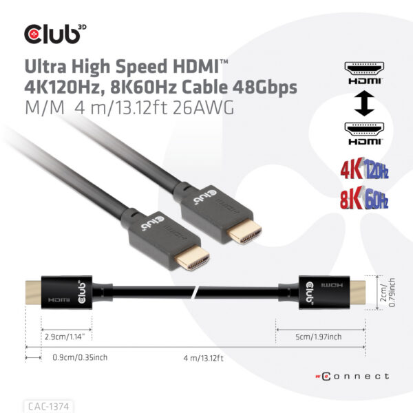 CLUB3D Ultra High Speed ​​HDMI™2.1 gecertificeerde kabel 4K120Hz, 144Hz 48Gbps M/V 4 Meter - Afbeelding 3