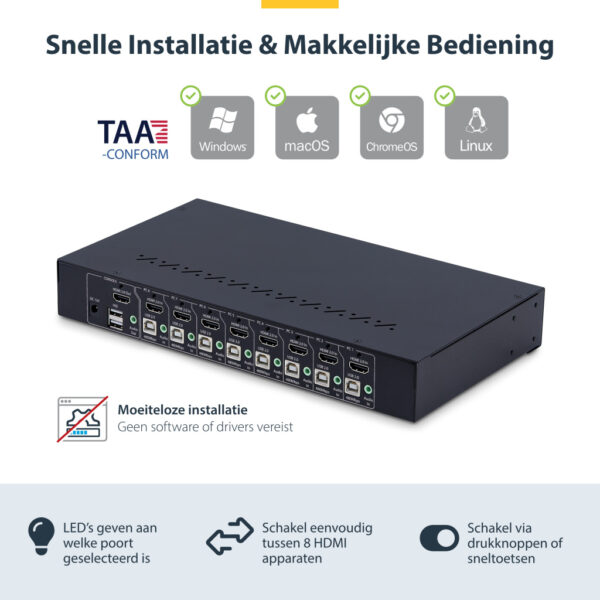 StarTech.com 8-Port HDMI KVM Switch met 1U Rackmontage Kit, 4K 60Hz HDMI 2.0, Drukknop & Hotkey Schakelaar, 4-Port USB Hub, OS O - Afbeelding 7