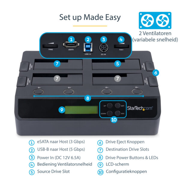 StarTech.com 4-Bay Hard Drive Cloner en Wisser, Standalone 1:3 HDD/SSD Kloner/Copier/Earser, USB 3.0/eSATA naar SATA Docking St - Afbeelding 8
