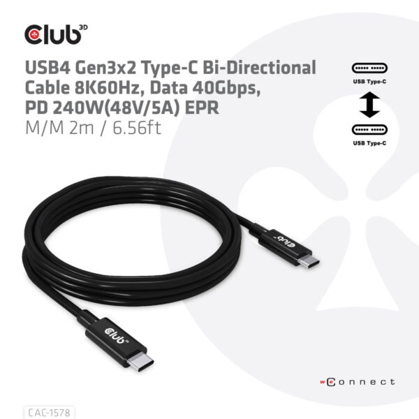 CLUB3D USB4 Gen3x2 Type-C Bi-Directional Cable 8K60Hz, Data 40Gbps, PD 240W(48V/5A) EPR M/M 2m / 6.56ft - Afbeelding 2