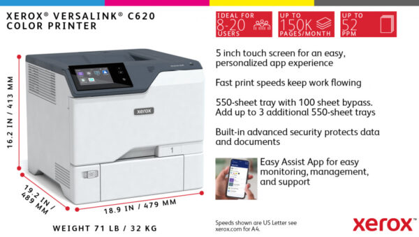 Xerox VersaLink C620 A4 50 ppm tosidig skriver PS3 PCL5e/6 2 skuffer 650 ark - Afbeelding 20