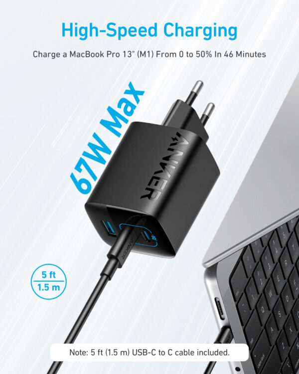 Anker 336 Charger (67W) Mobiele computer, Mobiele telefoon, Laptop, Powerbank, Smartphone, Smartwatch, Tablet, Horloge, Draagbar - Afbeelding 2