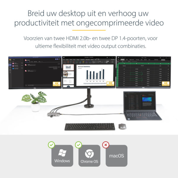 StarTech.com USB-C Triple Monitor Multiport Adapter, Dual 4K 60Hz + 4K 30Hz HDMI & DisplayPort, 3-Port USB Hub, 10Gbps, 100W PD - Afbeelding 10