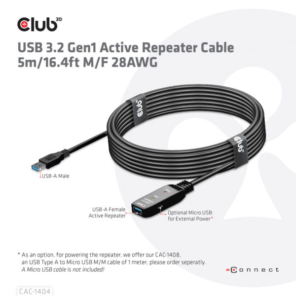 CLUB3D USB 3.2 Gen1 Active Repeater Cable 5m/ 16.4 ft M/F 28AWG - Afbeelding 6